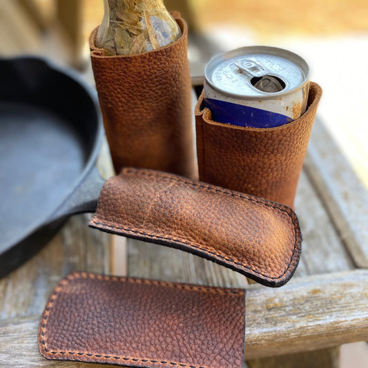 LEATHER CAST IRON PAN POT HOLDERS WITH LEATHER CAN KOOZIES